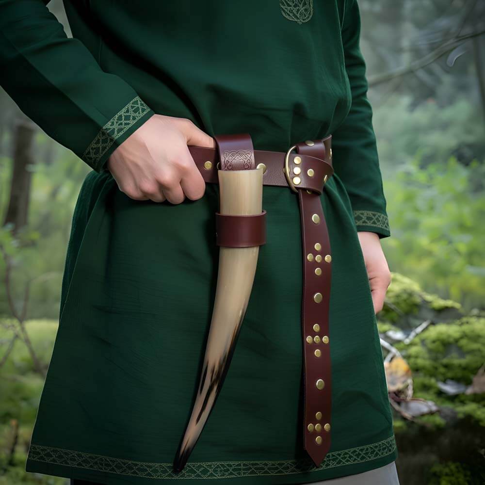 Brown Renaissance full-grain leather belt with decorative brass rivets, holding a drinking horn.