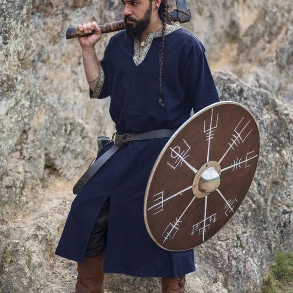 Dark blue Renaissance nobleman's knee-length cotton tunic with embroidered V-neck and sleeve trim, side slits.