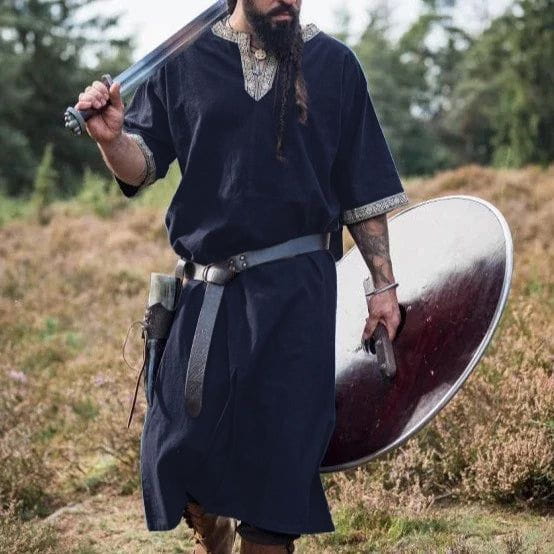 Dark blue Renaissance nobleman's knee-length cotton tunic with embroidered V-neck and sleeves.