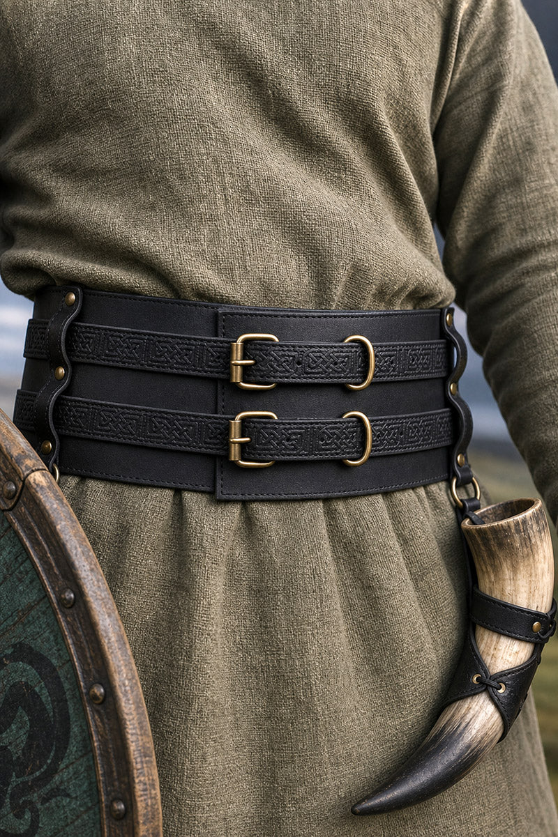 Thick Leather Renaissance Black Belt | Unique Double Design