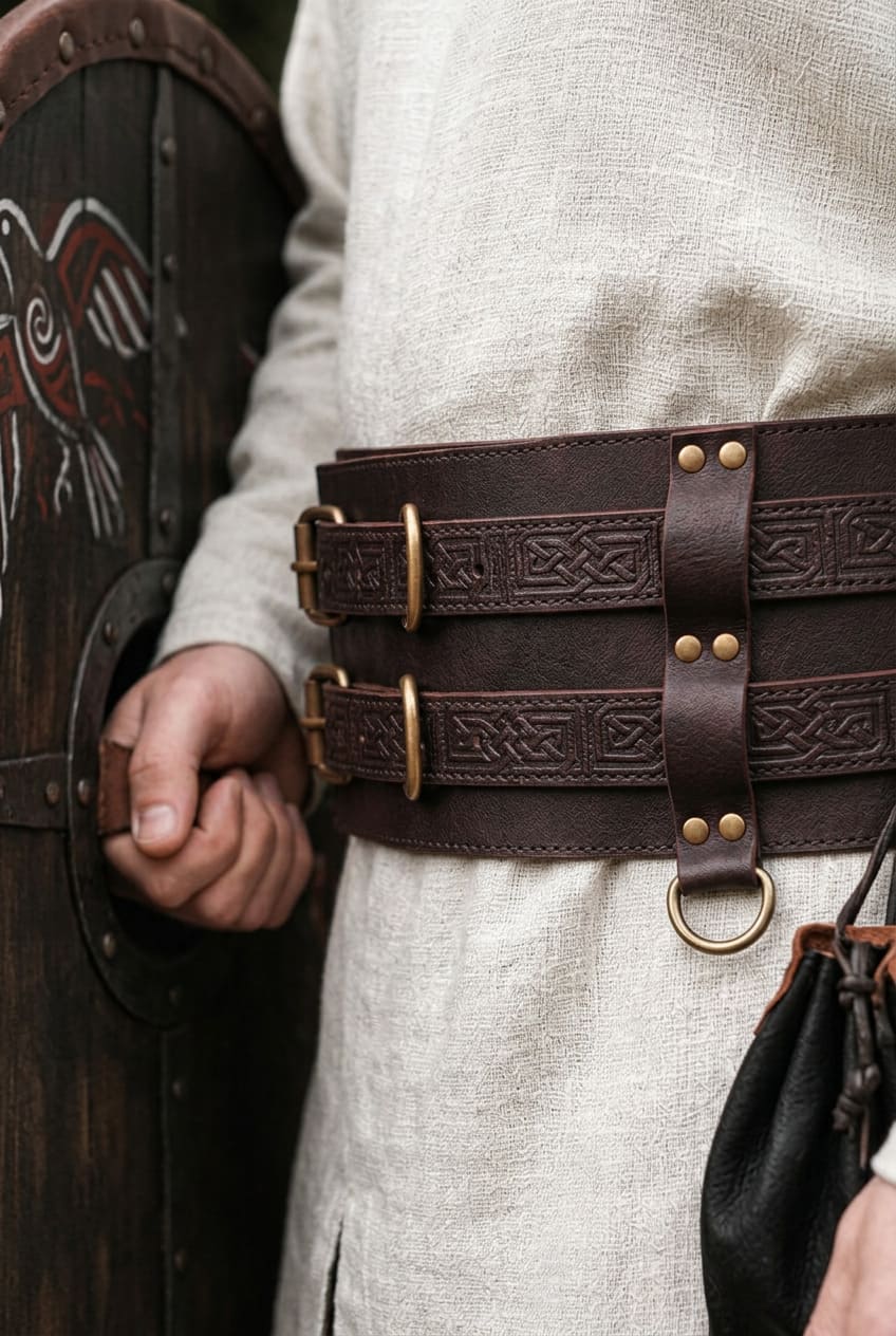 Thick Leather Renaissance Weapons Belt - Brown | Unique Double Design Belt