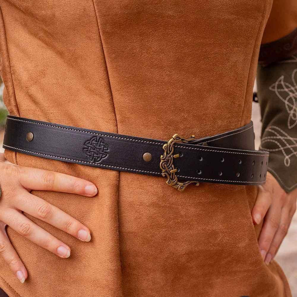 Black genuine leather Renaissance belt with ornate brass double-prong buckle and Celtic knot engraving.