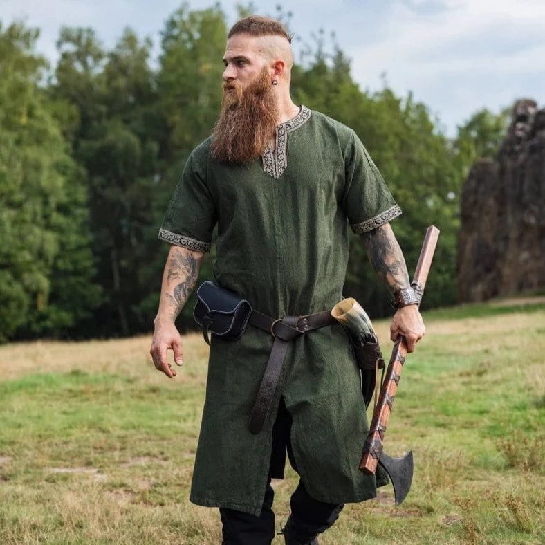 Green Viking Tunic with Short Sleeves, Embroidered Border. Authentic