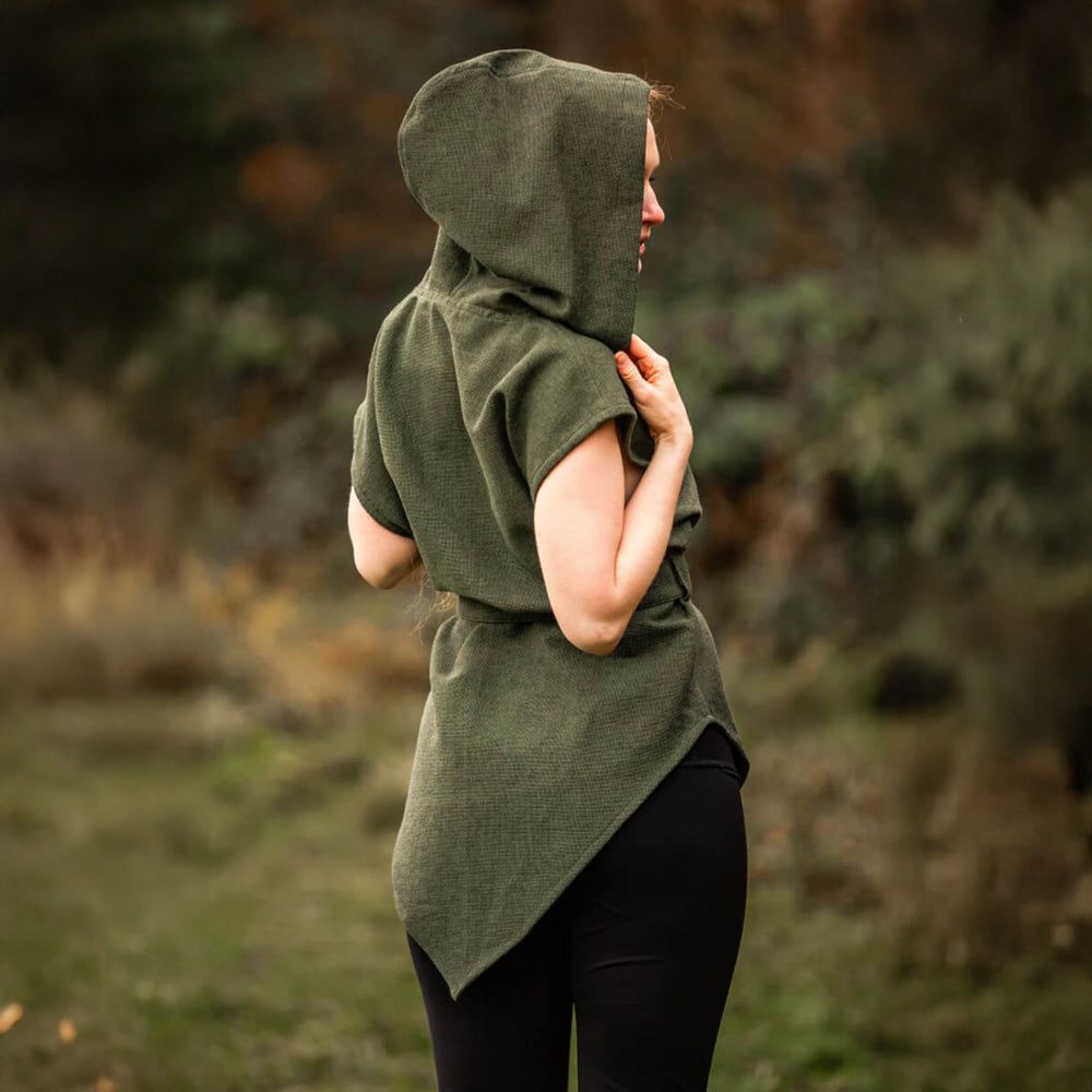 Green Hooded Renaissance Tunic | Tapered Hemline | Belt Included