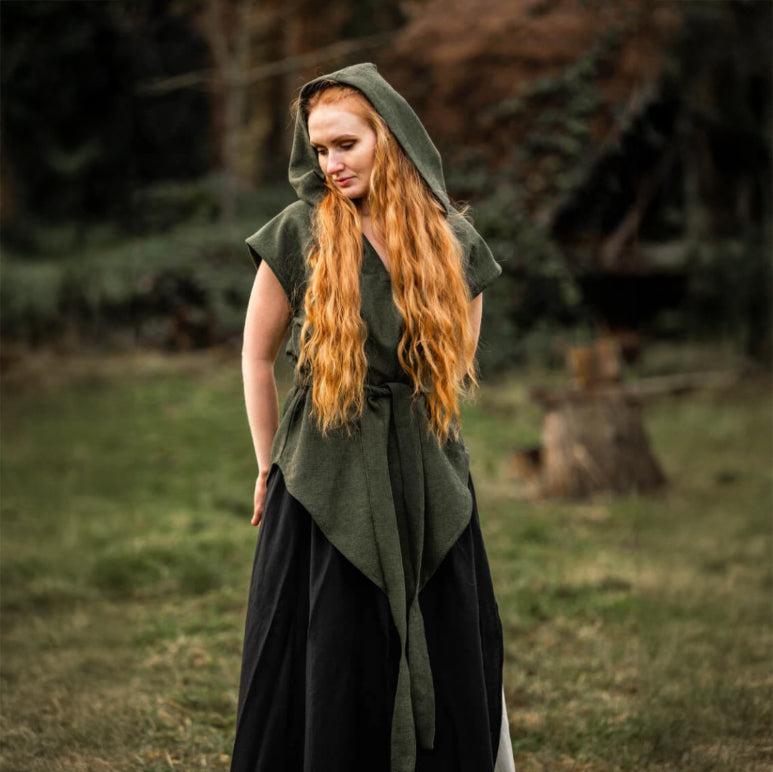 Green Hooded Renaissance Tunic | Tapered Hemline | Belt Included