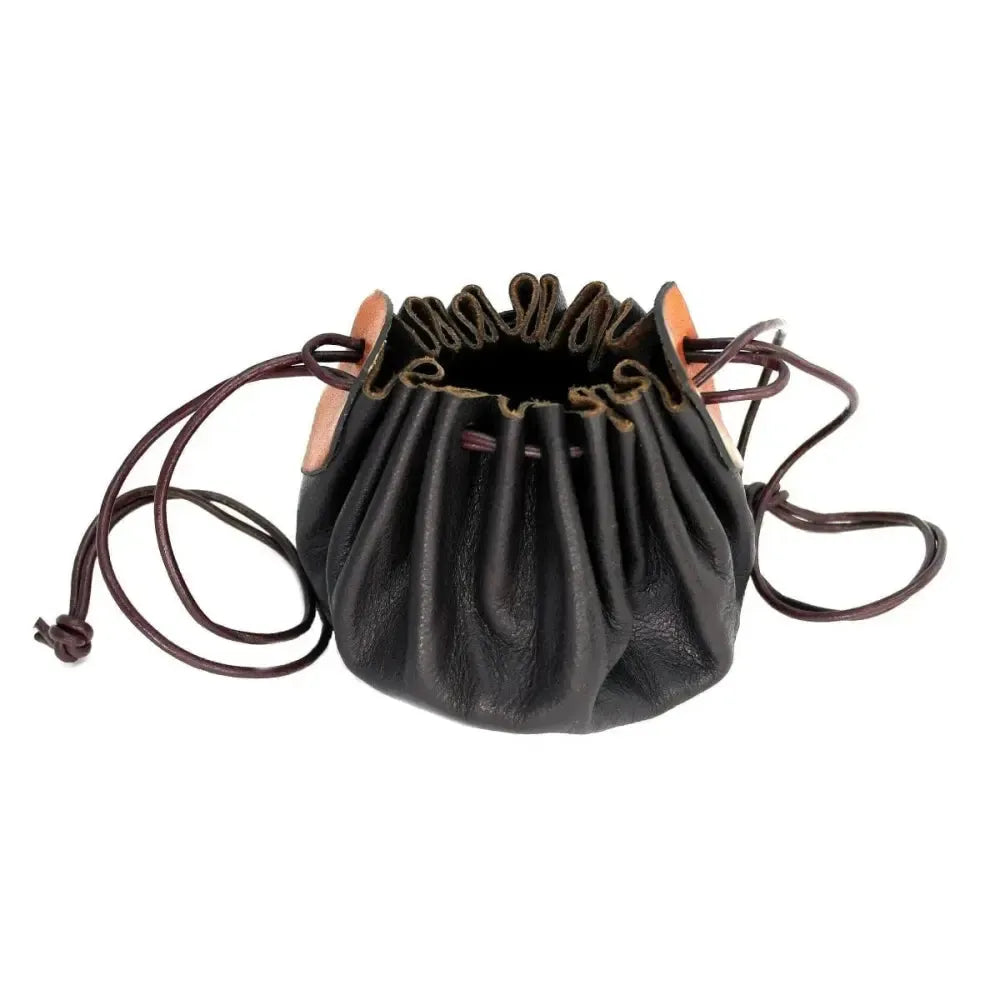 Dark brown Renaissance cowhide leather coin purse with drawstring closure.