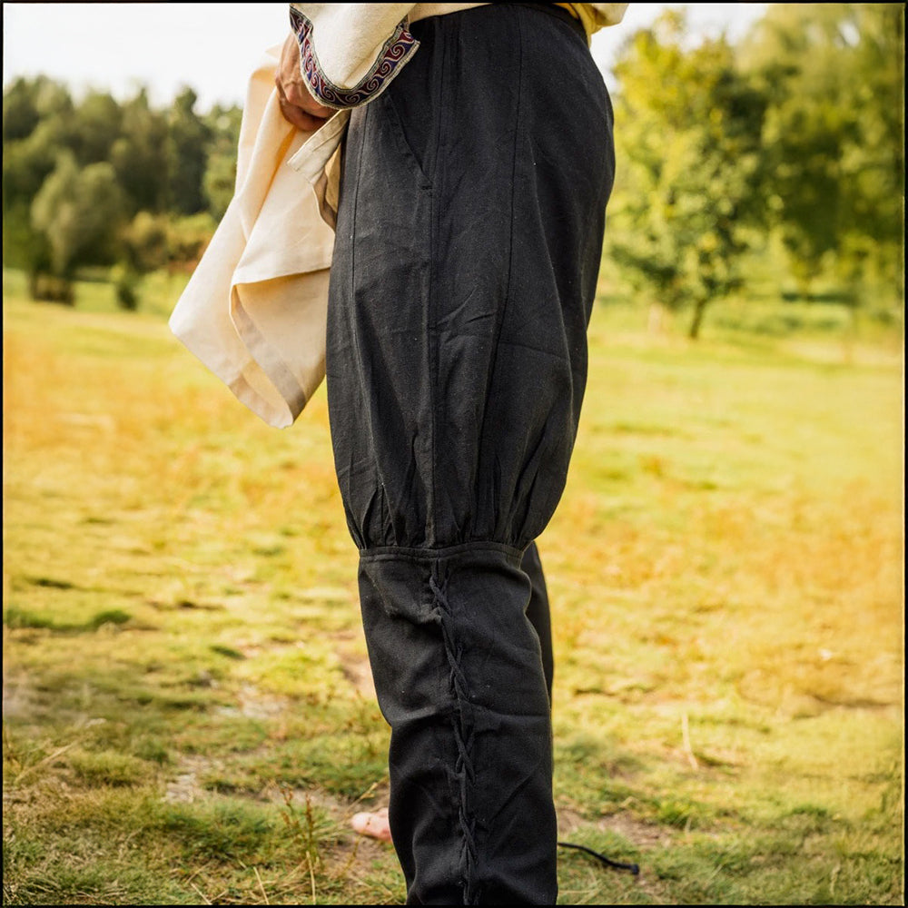 Cotton Renaissance Trousers | Drawstring Waist and Calf Lacing (Black)