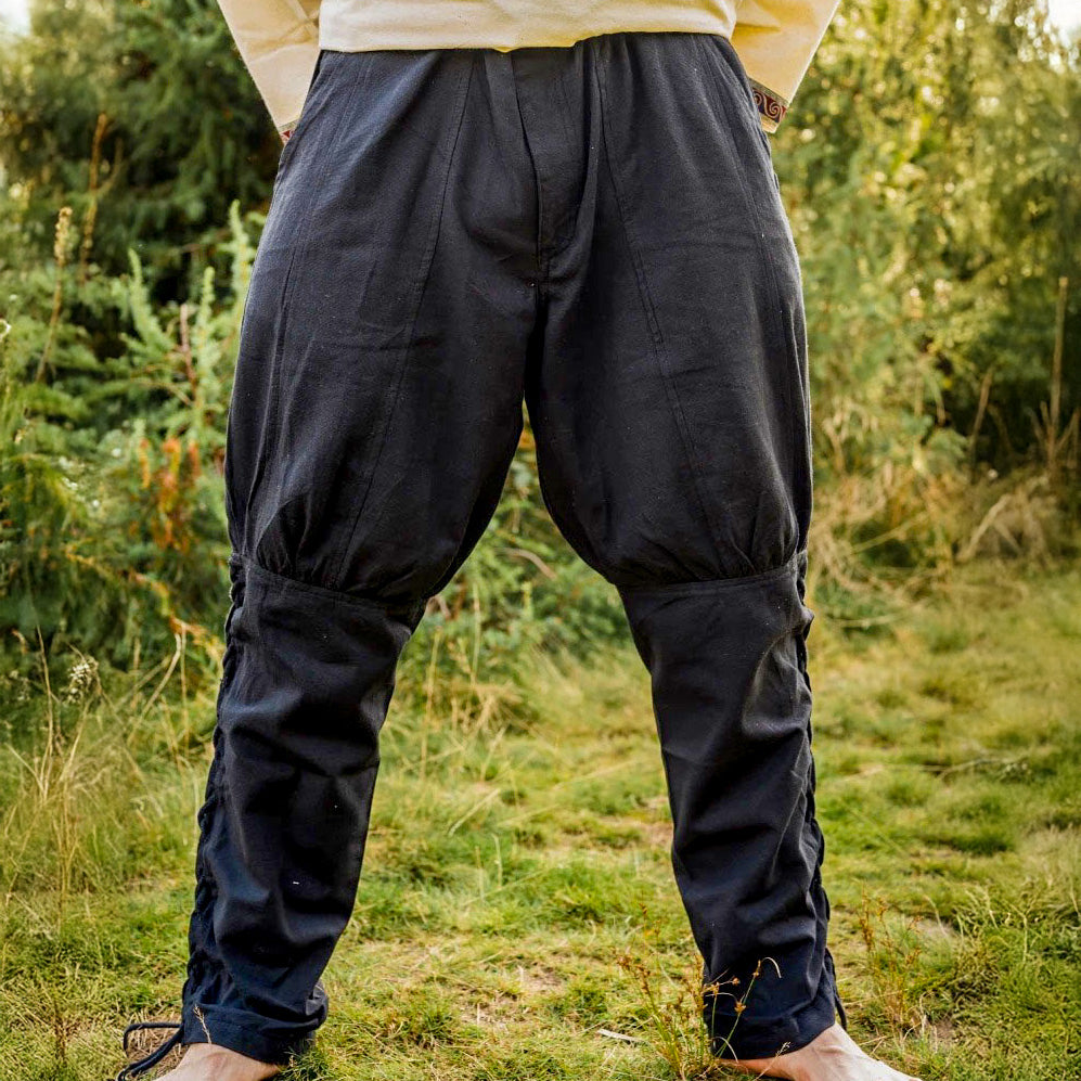 Cotton Renaissance Trousers | Drawstring Waist and Calf Lacing (Black)