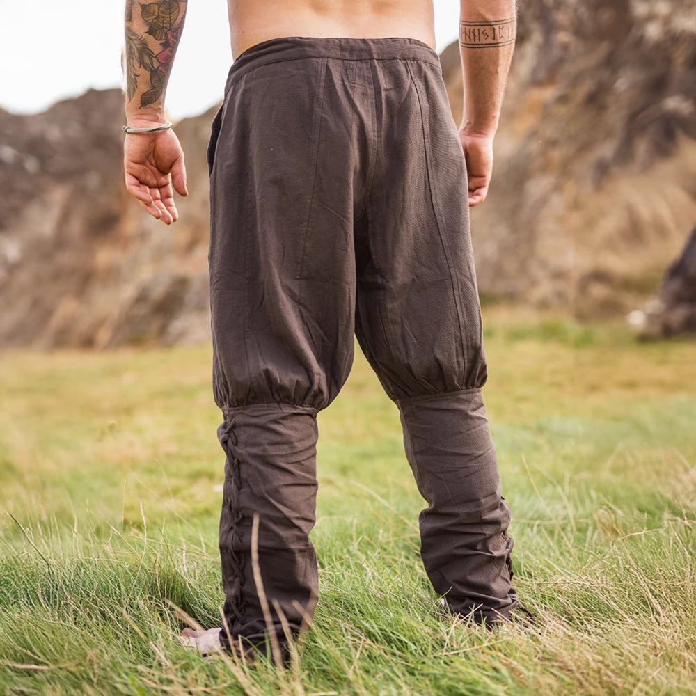 Cotton Renaissance Trousers | Drawstring Waist and Calf Lacing (Brown)