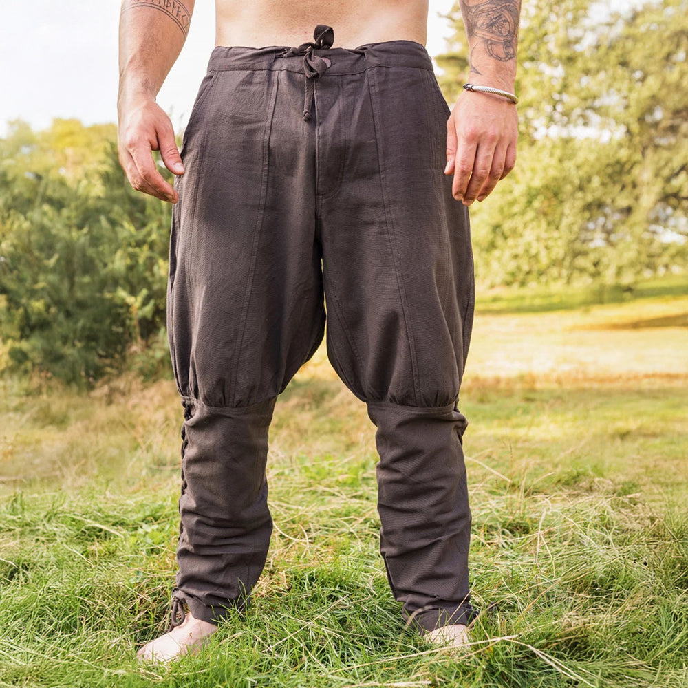 Cotton Renaissance Trousers | Drawstring Waist and Calf Lacing (Brown)