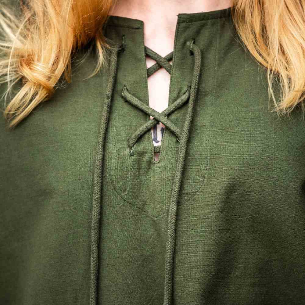 Green Cotton Viking Tunic | Long Sleeves, Lace-Up Collar-3-Viking Warrior