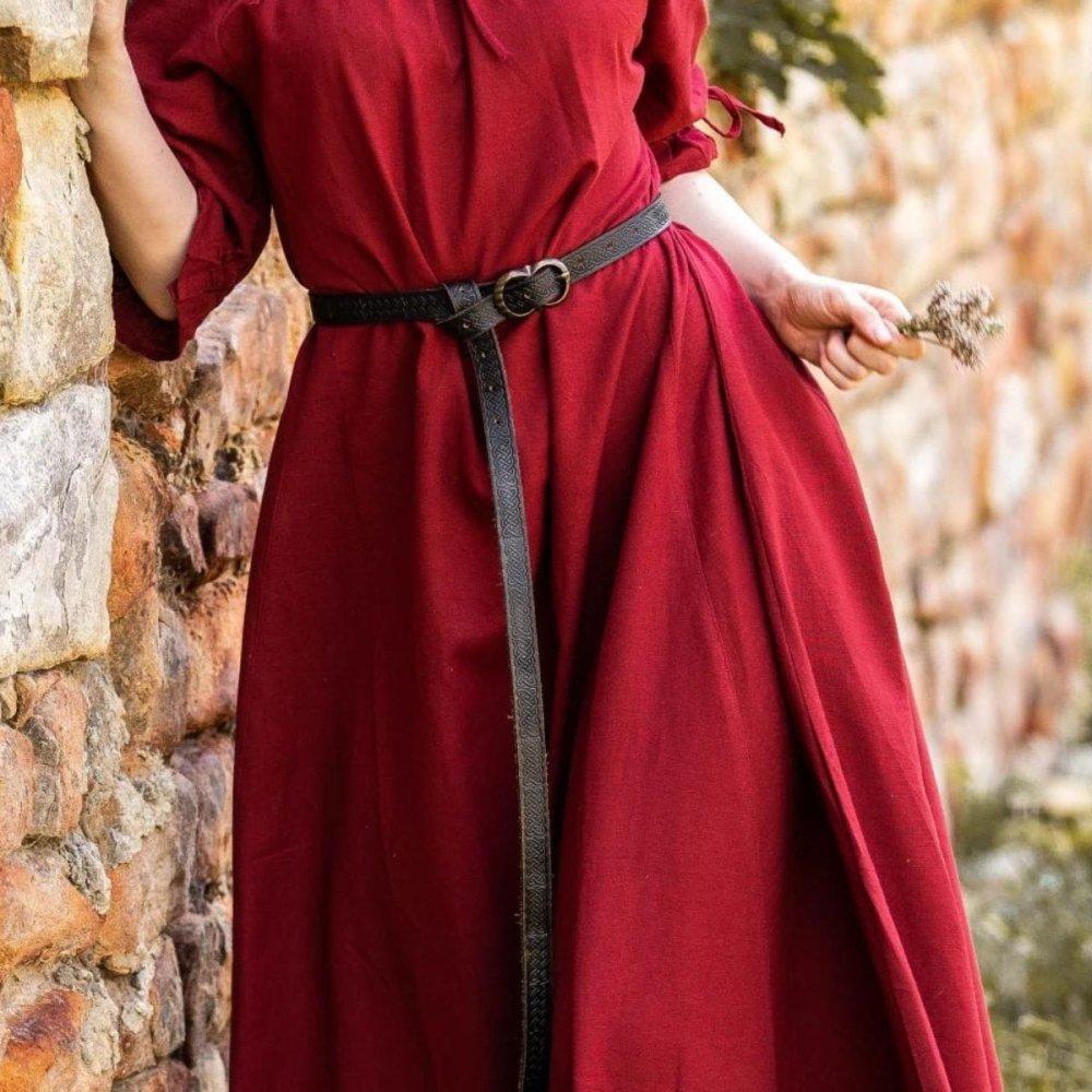 Black genuine leather Renaissance belt with hand-tooled patterns and buckle-and-tie closure, worn over a red dress.