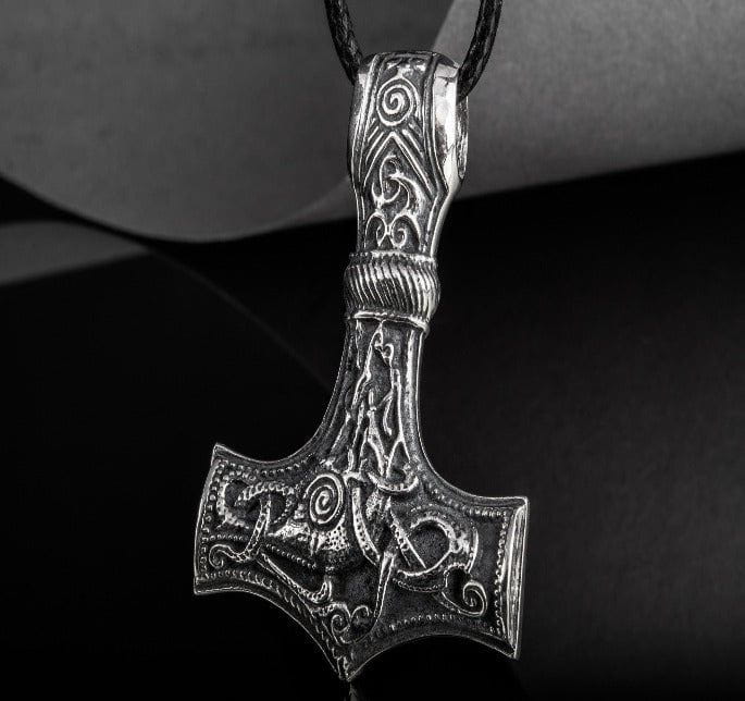 Renaissance Late Norse Thor's Hammer pendant, ornate 925 sterling silver, 1.9-inch, on a black cord.