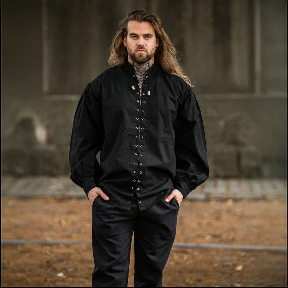 Black Ruffled Collar and Cuff Renaissance Shirt | Lace-Up Front