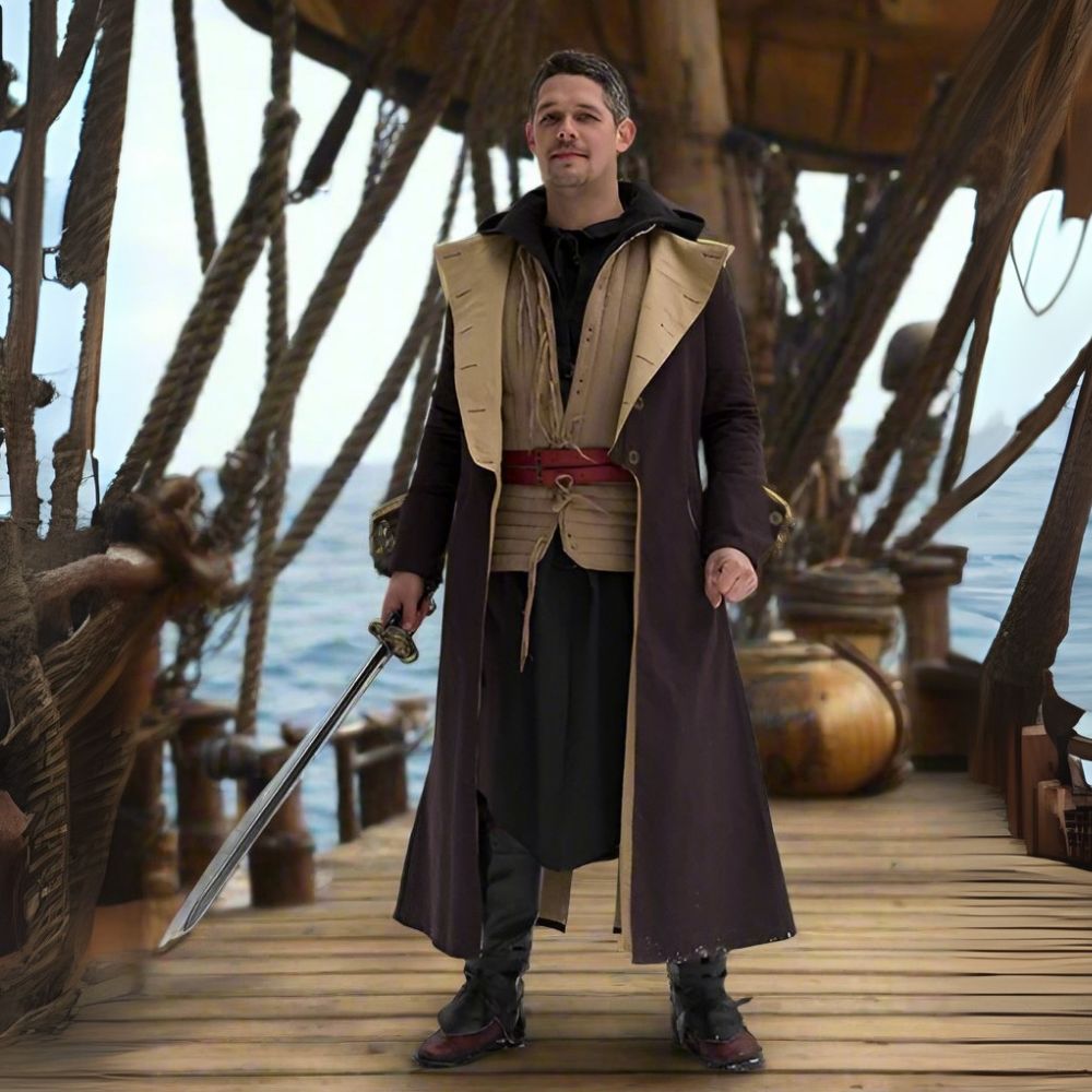 Man in a brown canvas Renaissance pirate overcoat with a removable tan shoulder mantle and sword on a ship deck.
