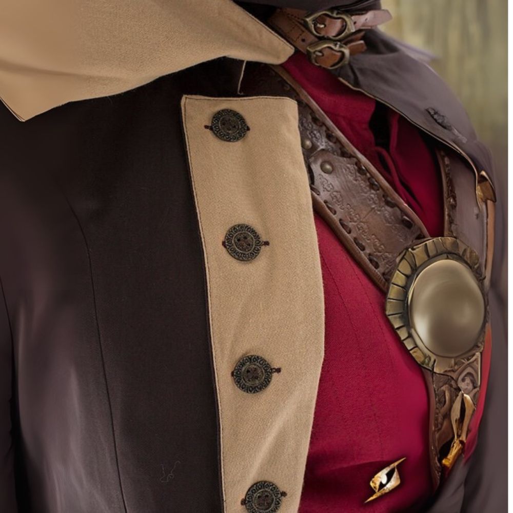 Brown canvas Renaissance pirate overcoat with ornate buttons, tan lapel, and leather chest armor.