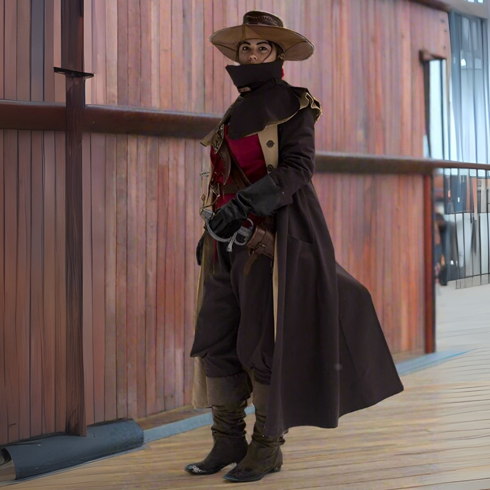 Brown canvas Renaissance pirate overcoat with broad collar, shoulder mantle, and full-length drop.