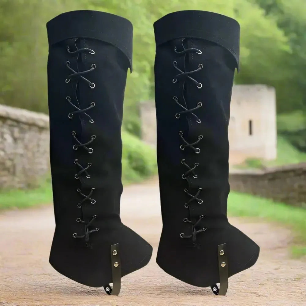 Pair of black PU leather Renaissance boot covers with cross-lacing, metal grommets, and folded cuffs.