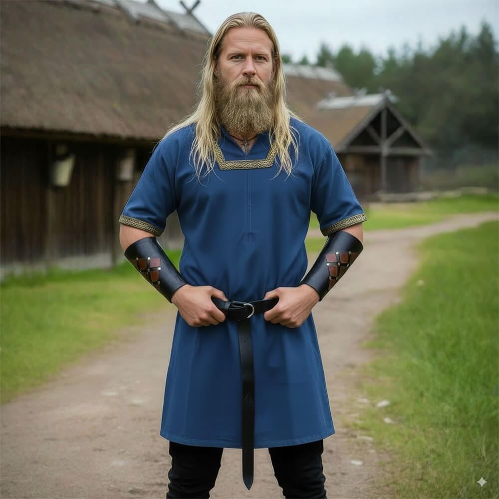 Men's blue Renaissance tunic with short sleeves, gold embroidery, and a black leather belt.