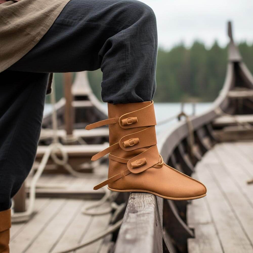 Renaissance ankle-length brown leather boots with four ties, worn on a wooden ship deck.
