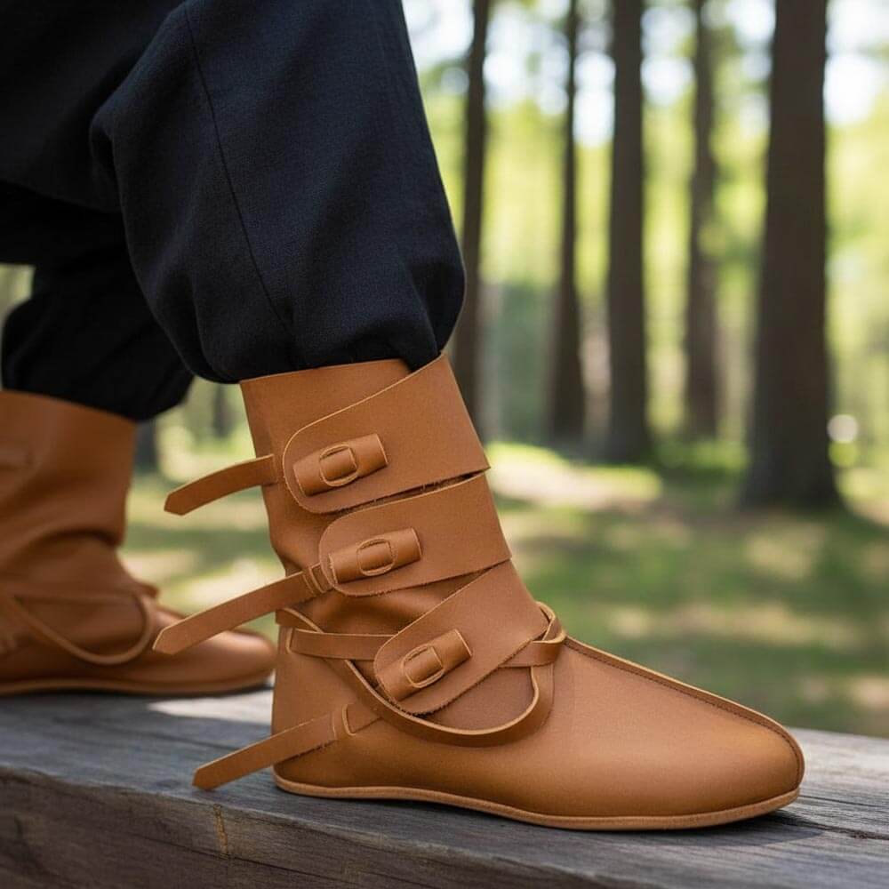 Renaissance ankle-length brown leather boots with four ties, worn with black trousers in a forest setting.