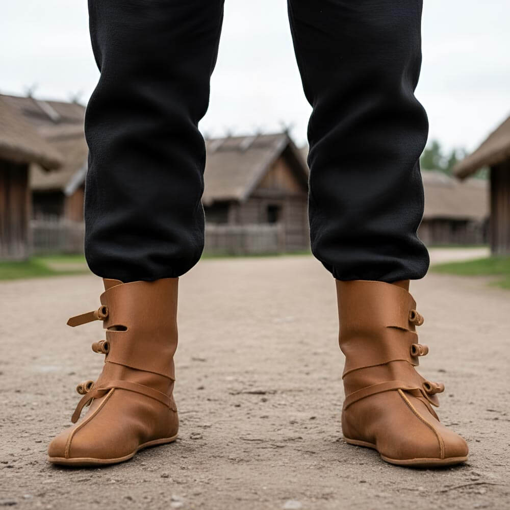 Renaissance ankle-length brown leather boots with four ties, worn with black trousers on a dirt path.