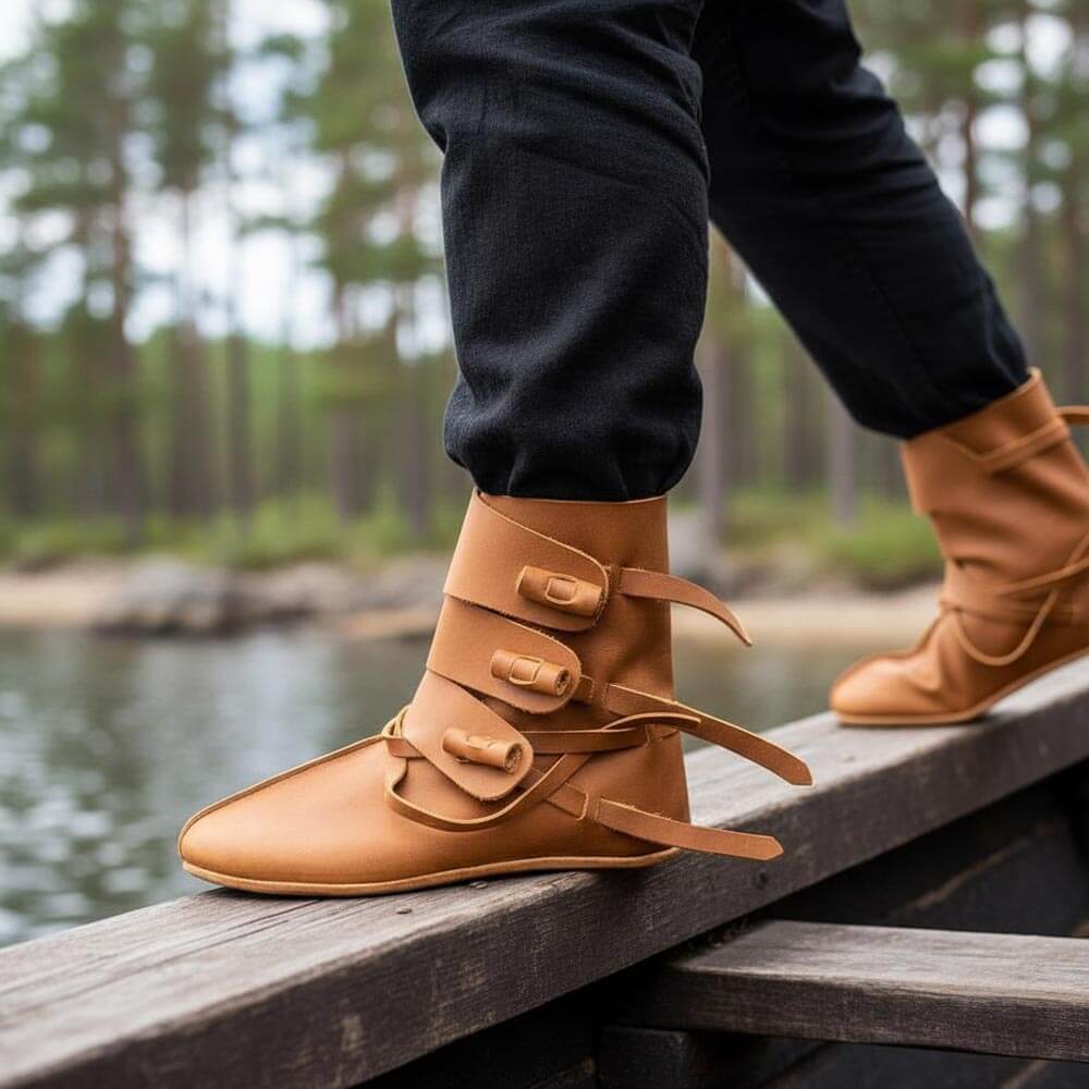 Renaissance ankle-length tan leather boots with four ties, worn while walking on a wooden plank.