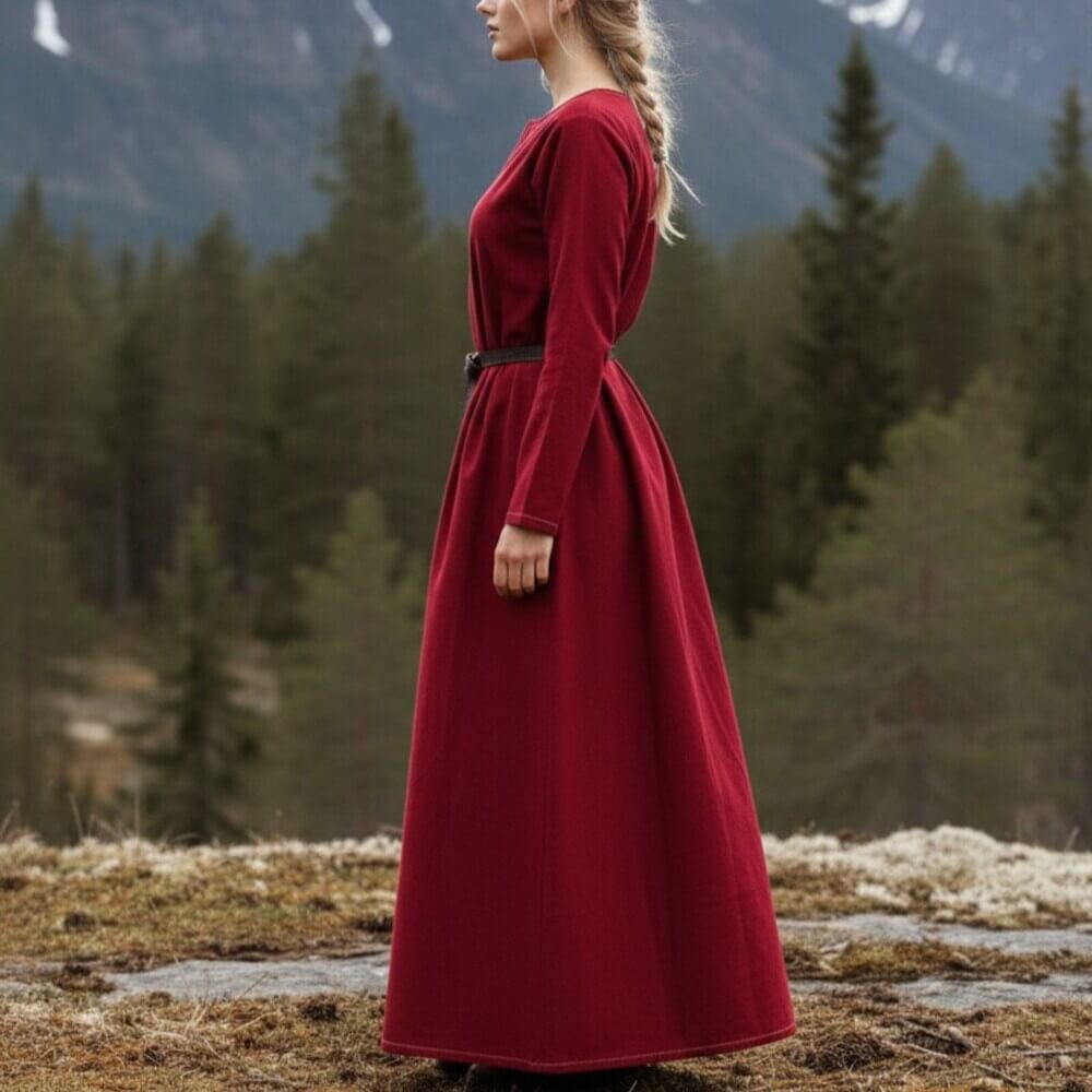 Rich red Renaissance cotton underdress with long sleeves, round neckline, and white contrast stitching.