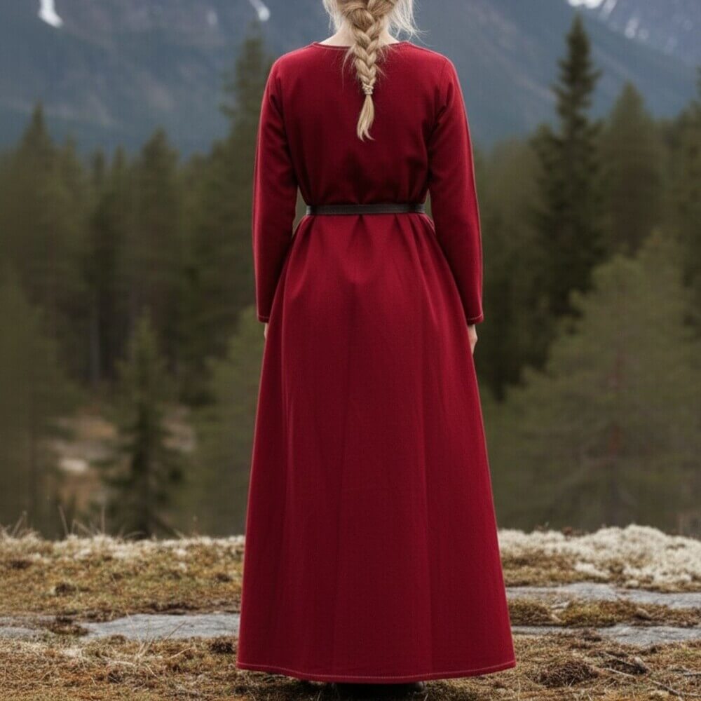 Rich red Renaissance cotton underdress with long sleeves, belted waist, and white decorative stitching.