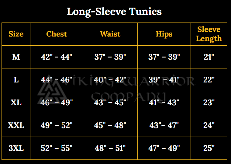 Renaissance tunic size chart with measurements for chest, waist, hips, and sleeve length.
