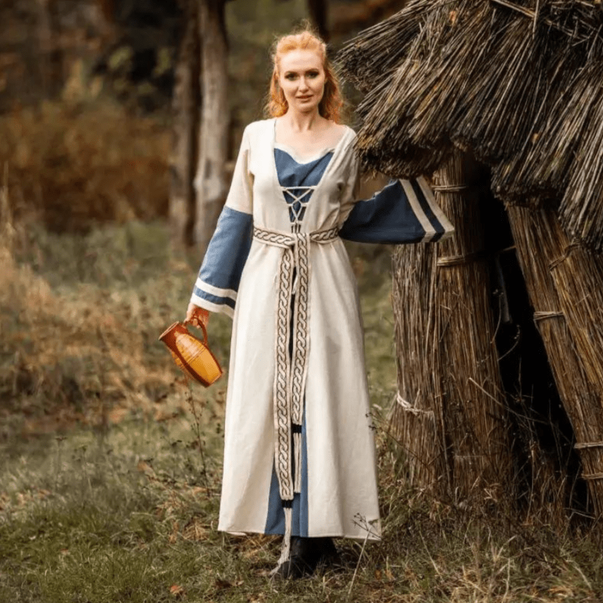 Natural and blue Renaissance dress with long sleeves, traditional front lacing, and braided belt.