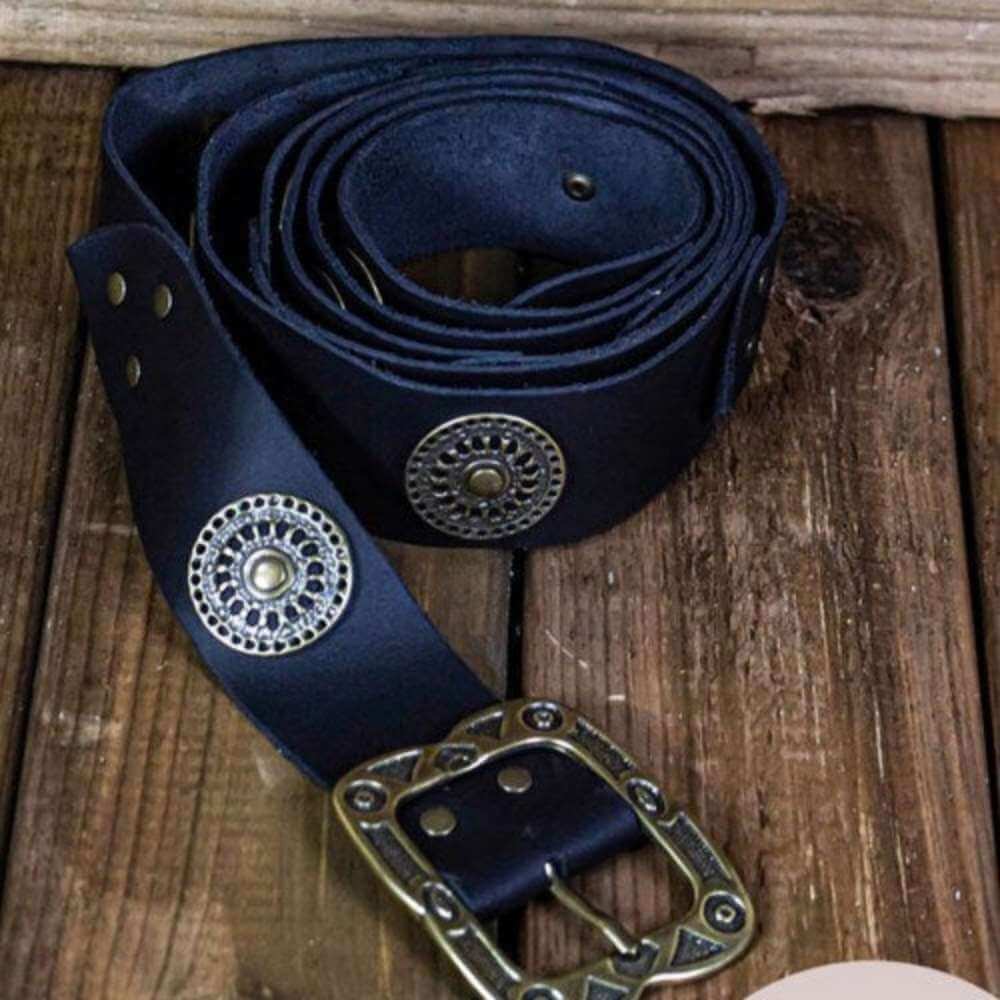 Black Renaissance leather belt with bronze medallions and a detailed, ornate buckle.