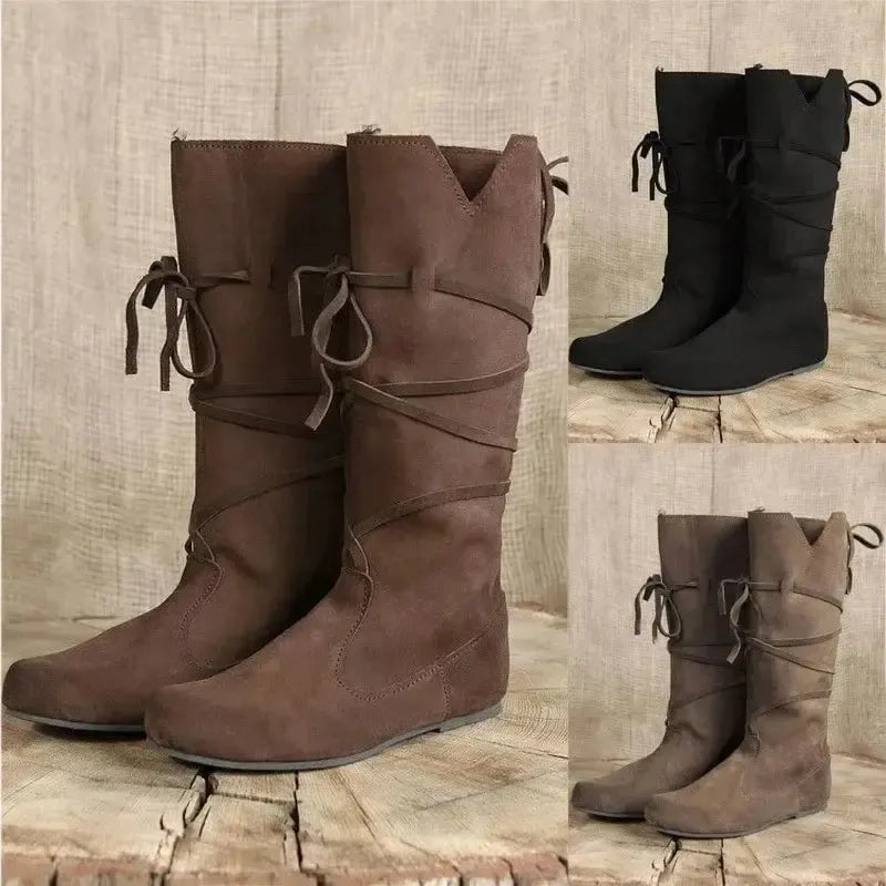Brown PU leather Renaissance boots with lace-up details, shown with black and lighter brown options.