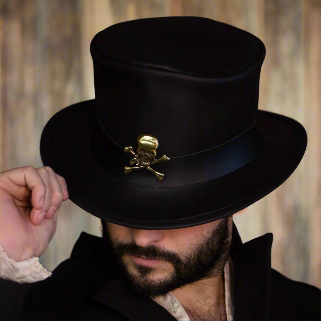 Black Leather Top Hat | Brass Skull Pin | Victorian Style