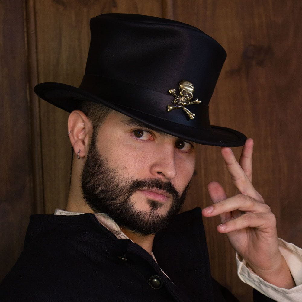 Black Leather Top Hat | Brass Skull Pin | Victorian Style