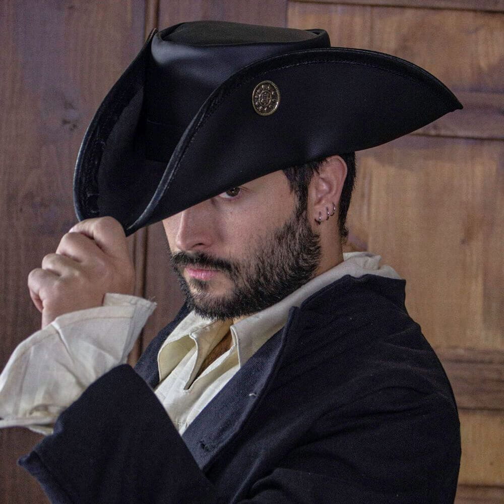 Leather Maritime Tricorn | Brass Dubloon Pin | Double-Stitched Edges