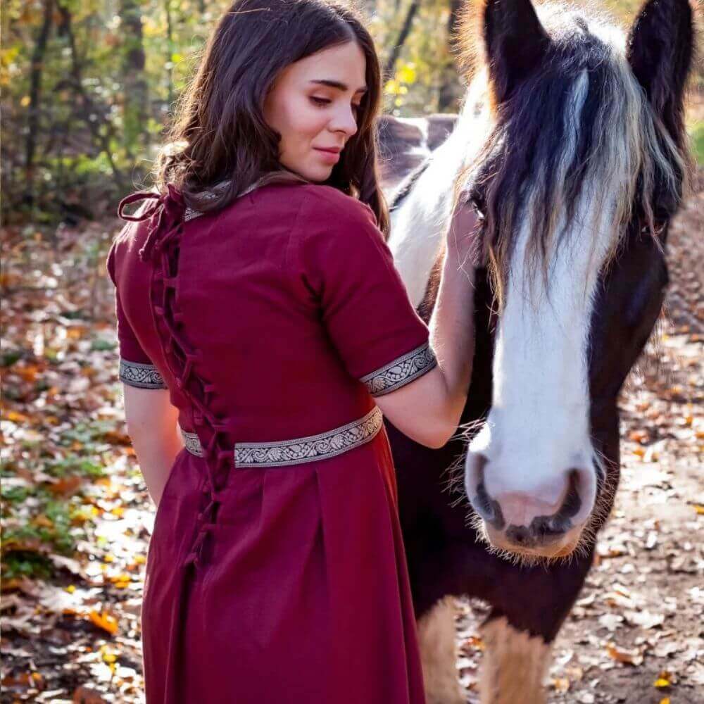 Red Short Sleeve Viking Dress | Viking Era Style with Embroidered Trim-2-Viking Warrior