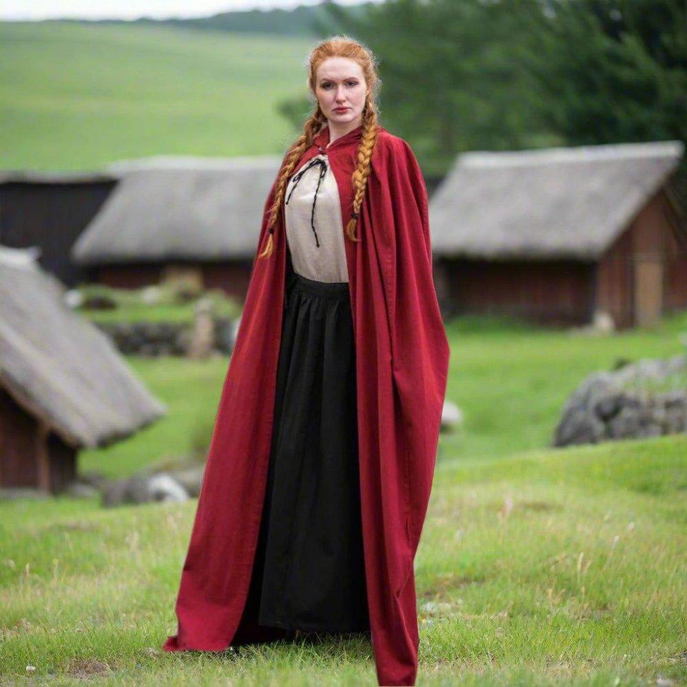 Red Renaissance Viking cloak with hood, string ties, and decorative trim, made of heavy woolen mixture.