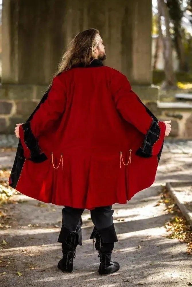 Red with Black Trim Velvet Renaissance Frock Coat | Elegant Metal Buttons-Renaissance Wardrobe