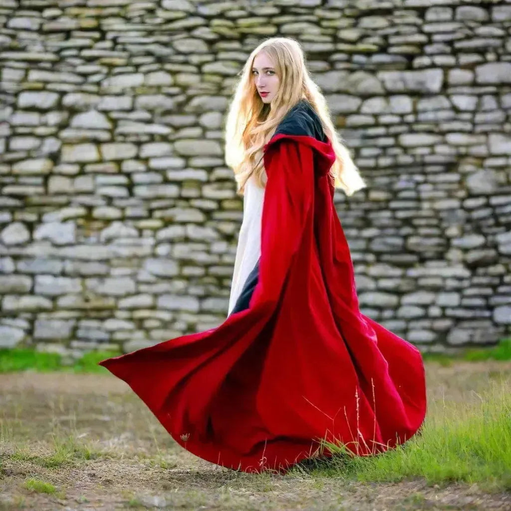 Regal Renaissance red velvet hooded cloak, 51.6" long, worn by a blonde woman outdoors.