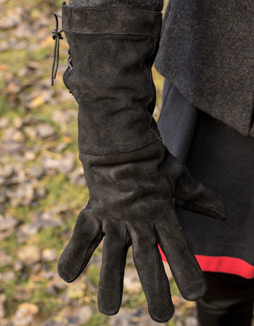 Dark gray Renaissance suede combat glove with extended cuff and drawstring.