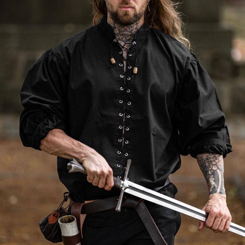 Black Renaissance laced front shirt with drawstring sleeves and stand collar.