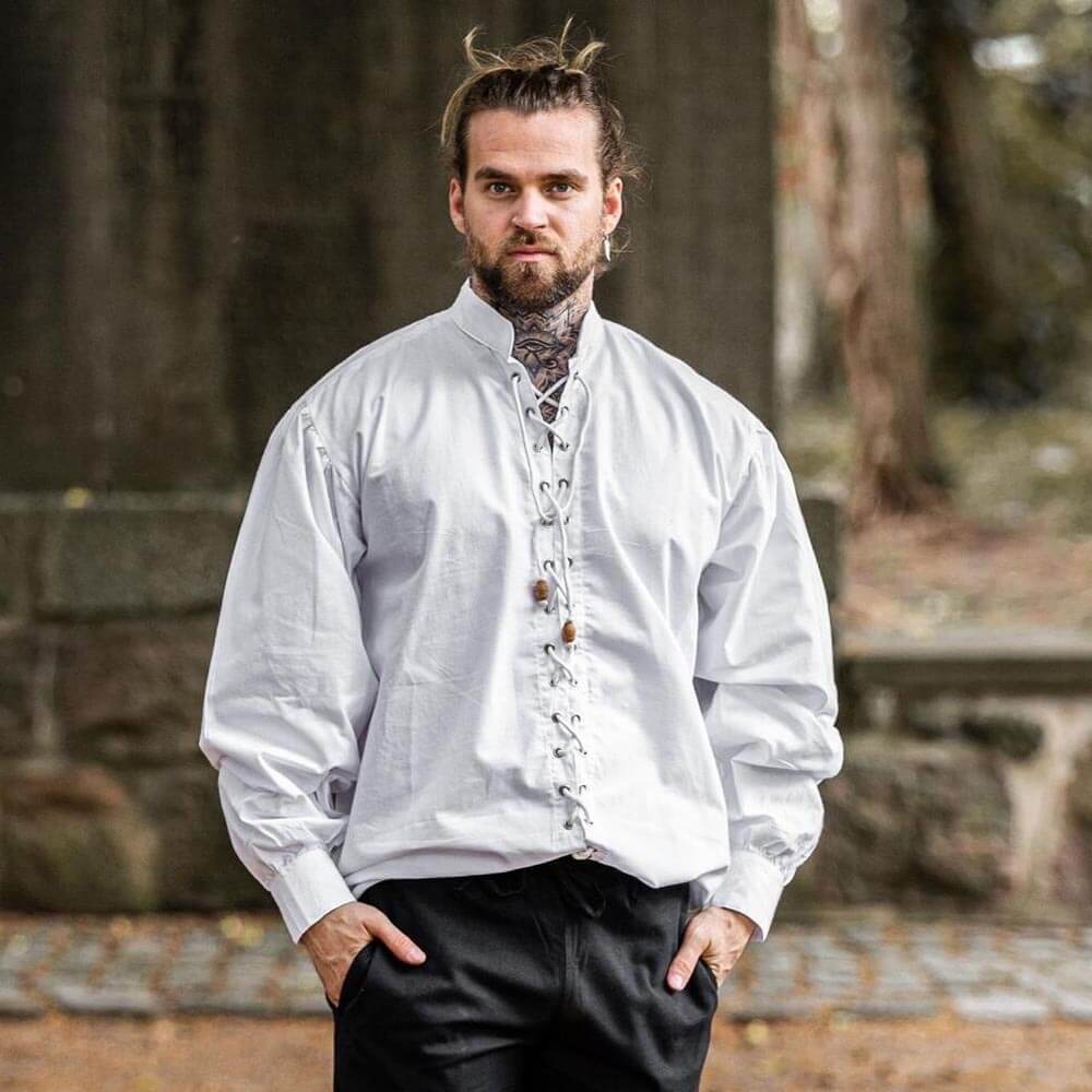 White Renaissance shirt with front lacing, wooden buttons, and adjustable tie sleeves.