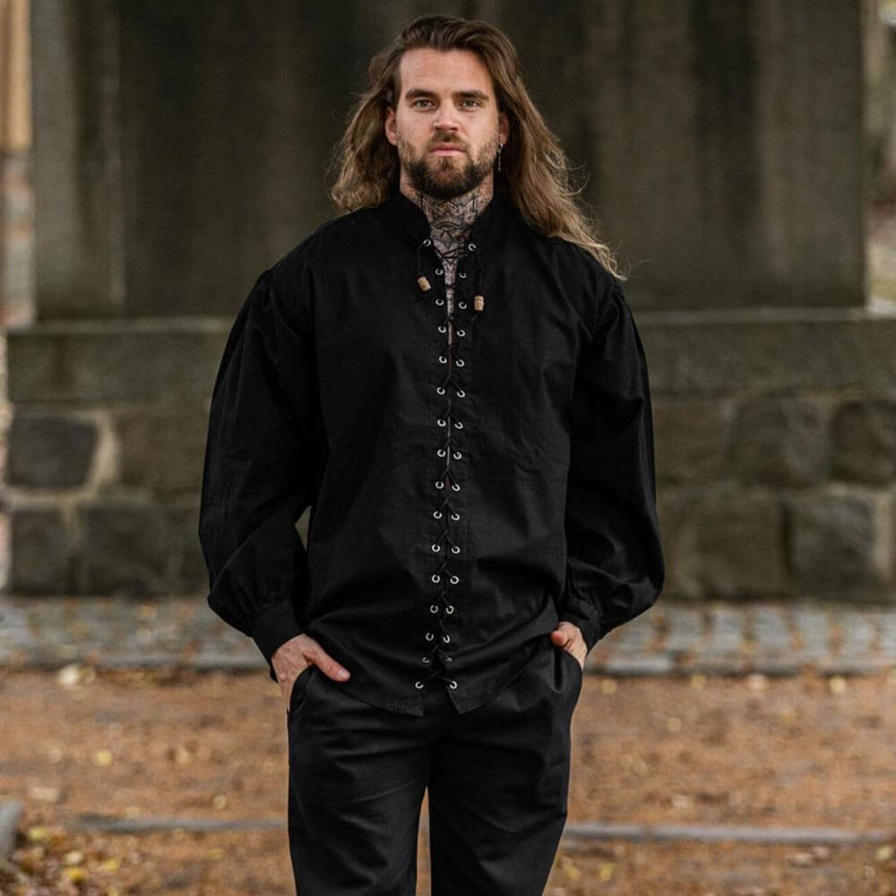 Renaissance black cotton-linen blend shirt with front lacing, stand collar, and adjustable tie sleeves.
