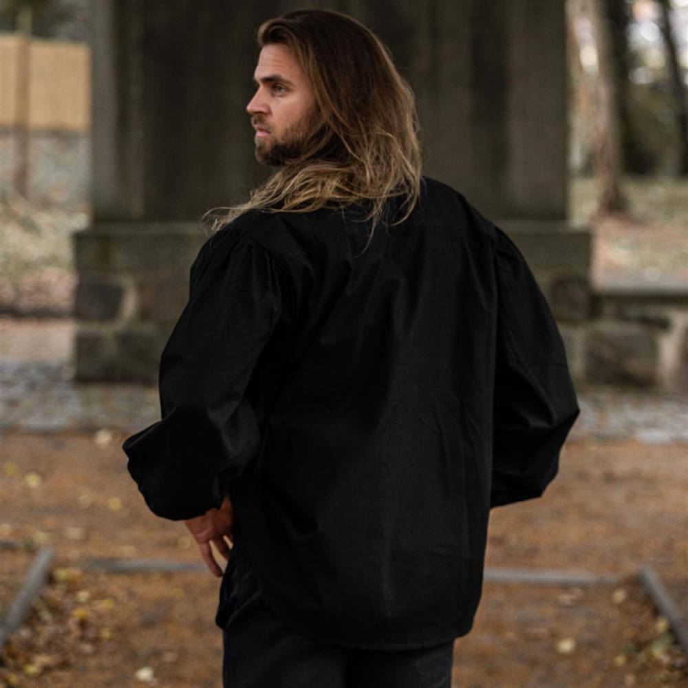Renaissance black cotton-linen blend shirt with loose fit and drawstring sleeves, seen from behind.