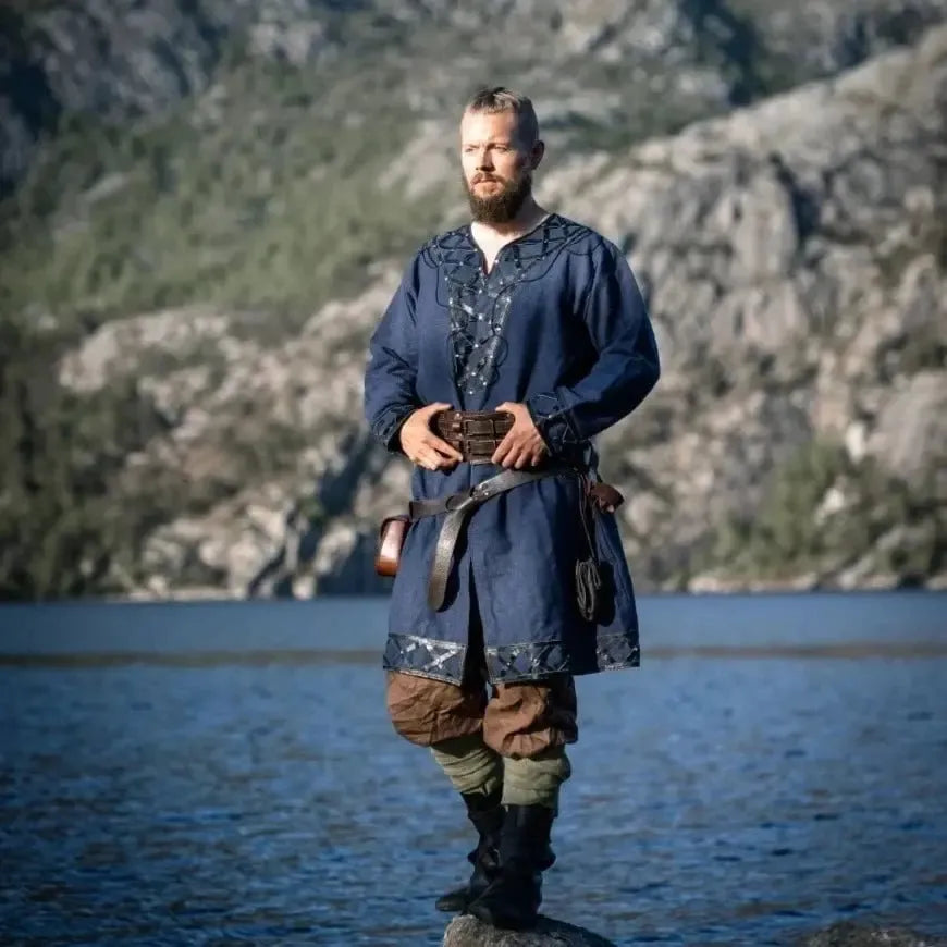 LIMITED EDITION Viking Tunic - Blue with Leather Trim & Rivets-2-Viking Warrior