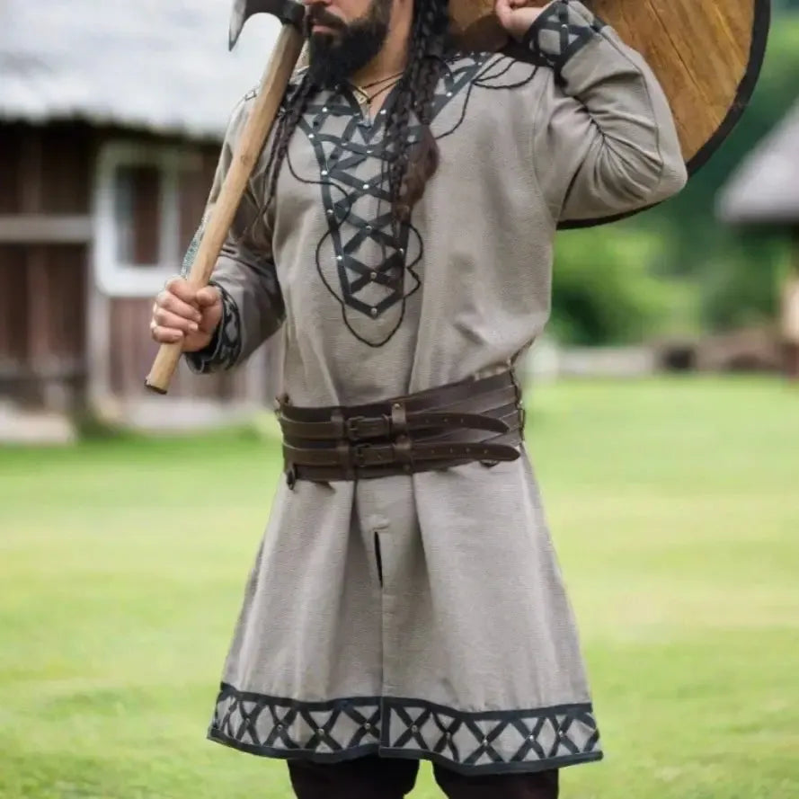 Renaissance gray tunic with black leather trim, rivets, and a wide double-buckle belt.