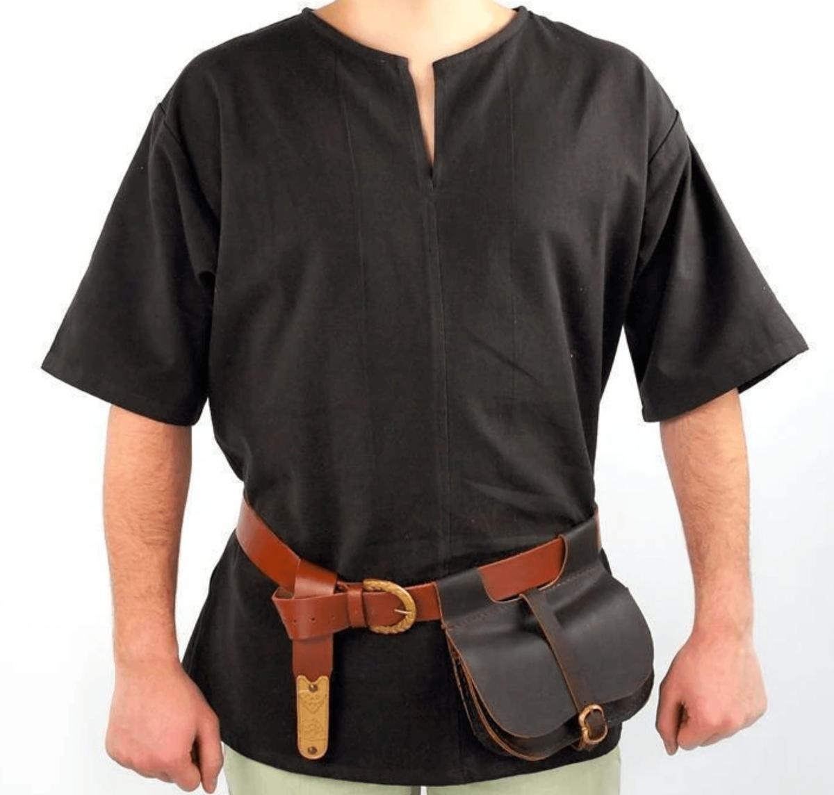 Black Renaissance short-sleeved cotton tunic with a brown leather belt and pouch.