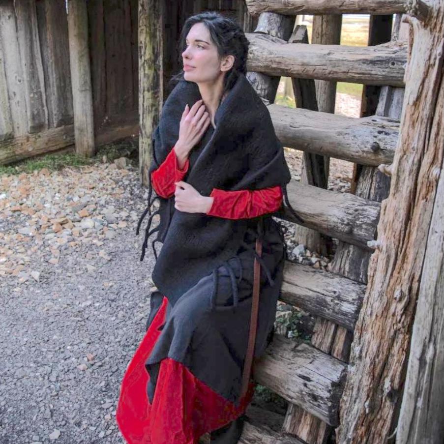 Renaissance black wool felt stole with elegant fringes draped on a woman, 13.8x78 inches.