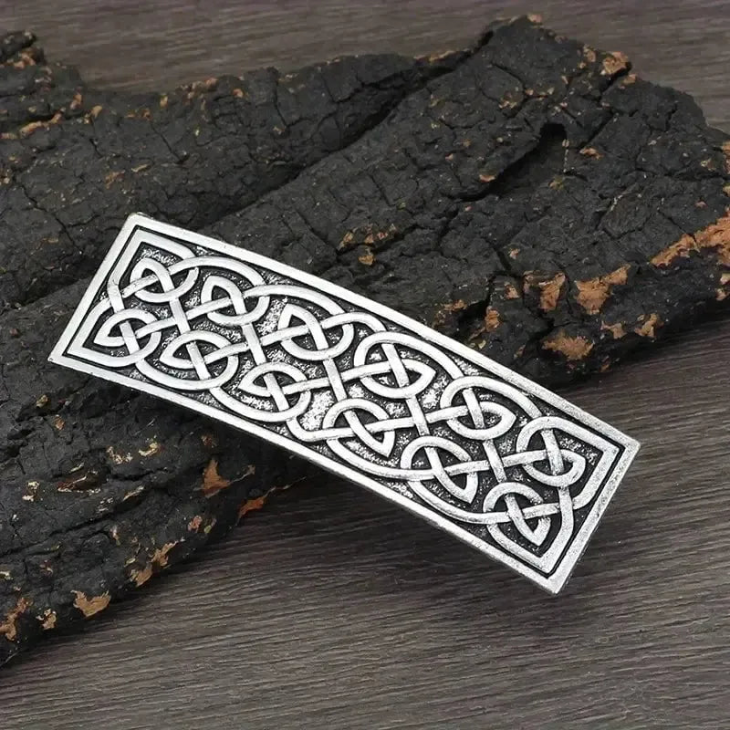 Antiqued silver Celtic knot barrette for Renaissance fair hairstyles.